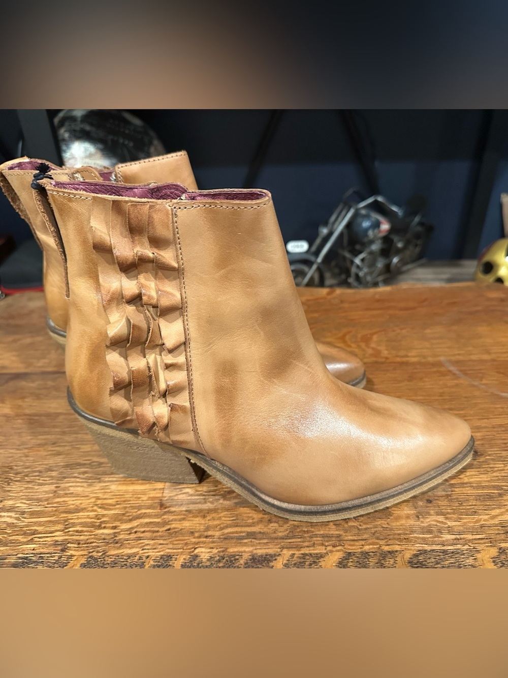 Women's Tan Leather Ankle Booties with Ruffle Side Detail